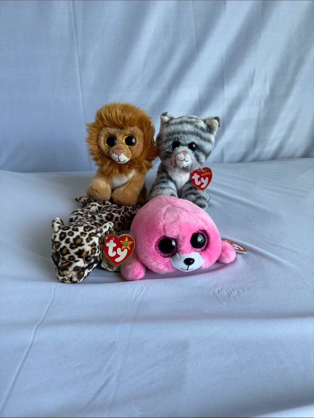 Ty Plush Lot - Pink Seal, Leopard, Lion & Gray Cat Tabby Beanies